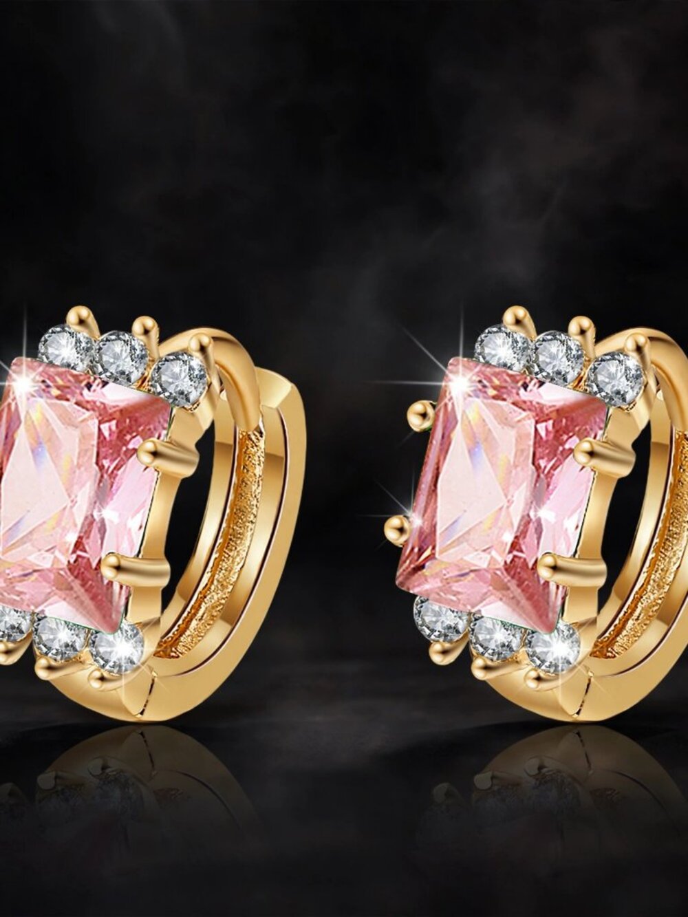 Pink Zirconia Huggie Hoop Earrings Gold - Emerald Cut Crystal Stud Hoops